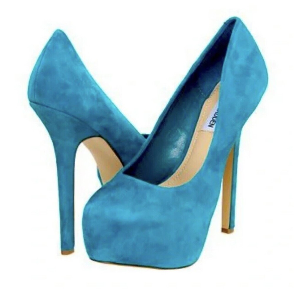 STEVE MADDEN Babylonn Teal Turquoise Leather Suede Platform Heels Size 8.5M EUC